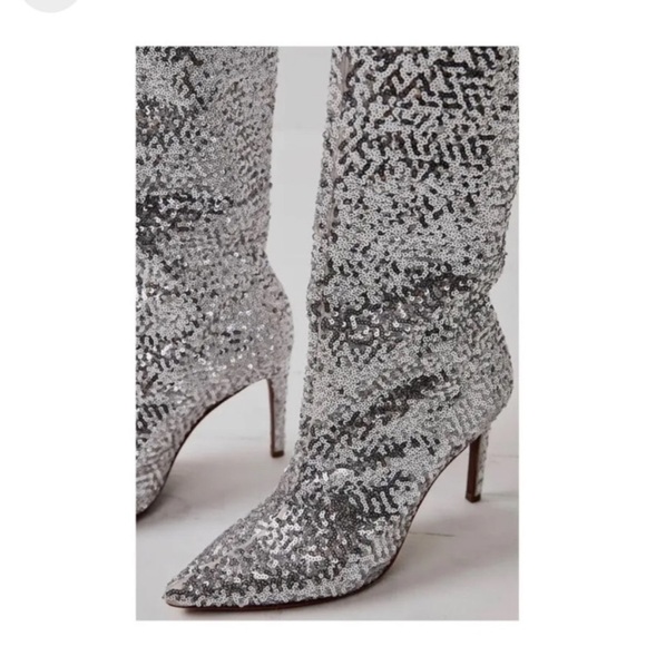 Free People Vicenza After Midnight Silver Sequin Leather Knee High Heel Boots 7 - Picture 3 of 13
